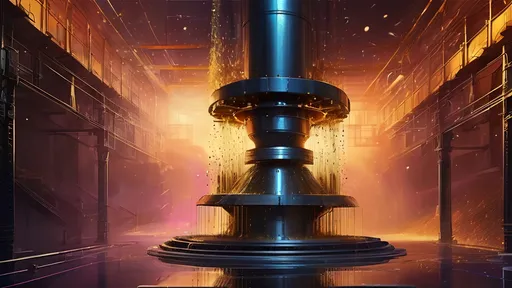 Prompt: Imagine a surrealist industrial chamber bathed in a blend of vibrant hues, where massive mechanical hammers descend in slow motion, their weighty forms glinting in soft, ethereal light. Each strike creates a gentle echo as it meets glowing metal plates, releasing a cascade of golden particles that dance like fireflies in the air. The atmosphere pulses with a rhythmic energy, creating a dreamlike quality as floating embers drift lazily, illuminated by the shimmering hues surrounding them. Shadows stretch and swirl in a hypnotic ballet of color, emphasizing the surreal nature of this scene, where reality bends and the energy of creation feels palpable, transforming the industrial setting into a mesmerizing dreamscape.