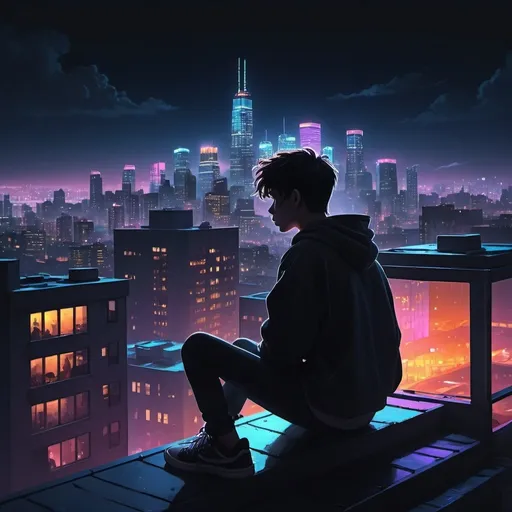 Prompt: Teen sitting on the edge of a roof in a busy city at night