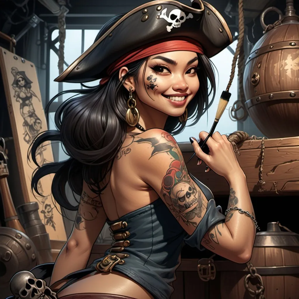 Prompt: joe madureira drawing style. full body focus. asian woman pirate dressing and pirate hat. looking left side. evil smile in her face. holding a hair brush with her right hand. sole feet tattoo on her arm. background ship basement. 