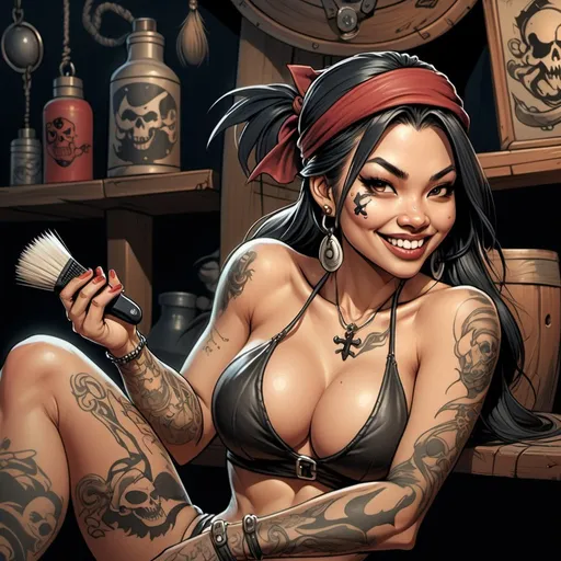 Prompt: joe madureira drawing style. full body focus. asian woman pirate dressing and pirate hat. looking left side. evil smile in her face. holding a hair brush with her right hand. sole feet tattoo on her arm. background ship basement. 