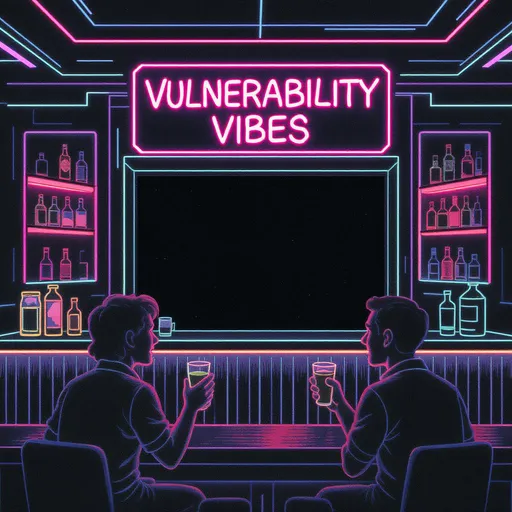 Prompt: A 1980s synthwave bar scene with 3 people facing the bar talking to one another. two of them are doing a cheers with their drinks. the full bar should be seen as if in a void all by itself. line drawing with neon colors, cartoonish illustration. the title of the bar is 'vulnerability vibes'. simple illustration, less details