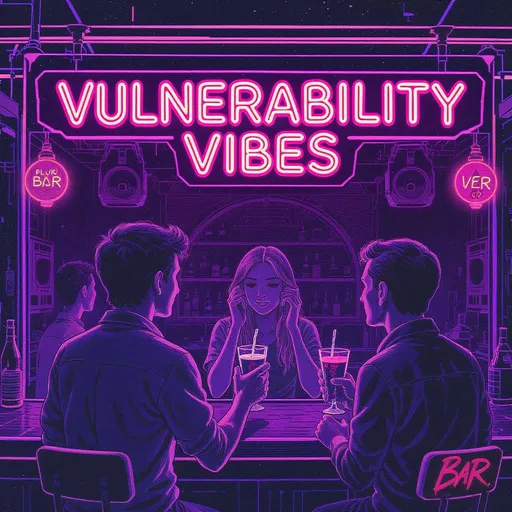 Prompt: A 1980s synthwave bar scene with 3 people facing the bar talking to one another. two of them are doing a cheers with their drinks. the full bar should be seen as if in a void all by itself. line drawing with neon colors, cartoonish illustration. the title of the bar is 'vulnerability vibes'. simple illustration, less details, do not show anyone's arms or hands