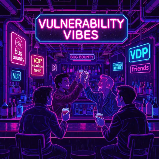 Prompt: A 1980s synthwave bar scene with 3 people facing the bar talking to one another. two of them are doing a cheers with their drinks. the full bar should be seen as if in a void all by itself. line drawing with neon colors, cartoonish illustration. the title of the bar is 'vulnerability vibes'. signs on the wall read 'bug bounty', 'VDP', 'coordinate here', and 'friends'. do not repeat the text on multiple signs. simple illustration, less details