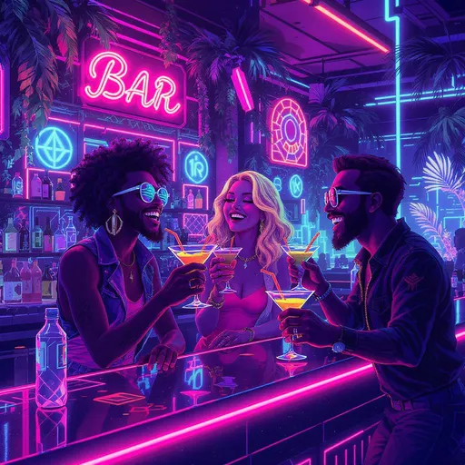Prompt: A 1980s synthwave bar scene with 3 people facing the bar talking to one another. two of them are doing a cheers with their drinks. cartoonish illustration, extremely detailed