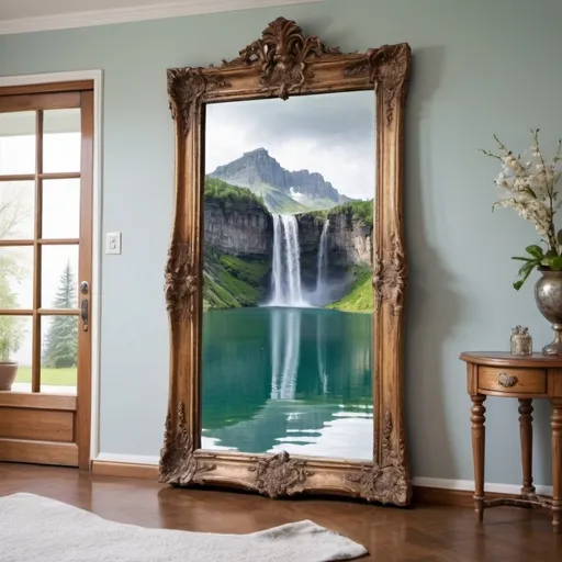 Prompt: Create a picture of a mirror in a normal house and in the mirror is a lake with a waterfall.