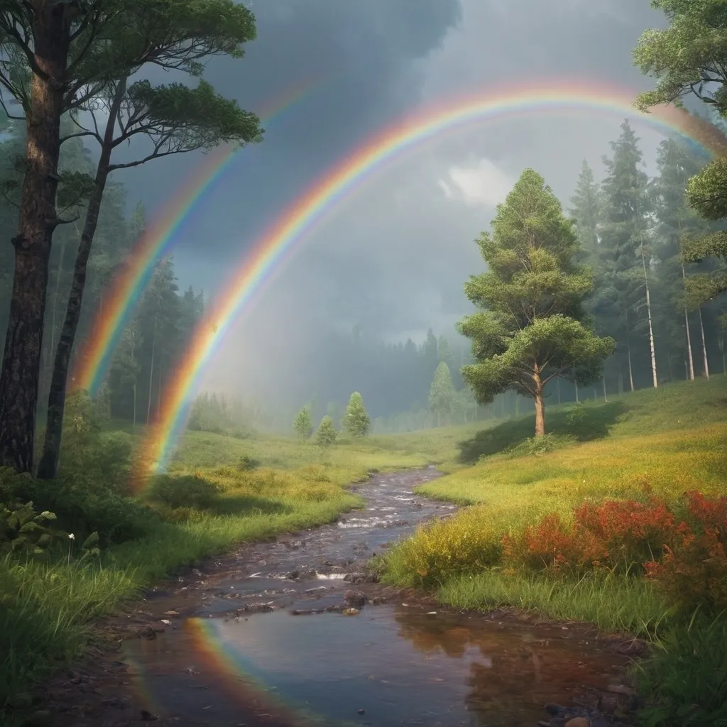 Prompt: create an image of a rainbow after a rainfall in the forest
