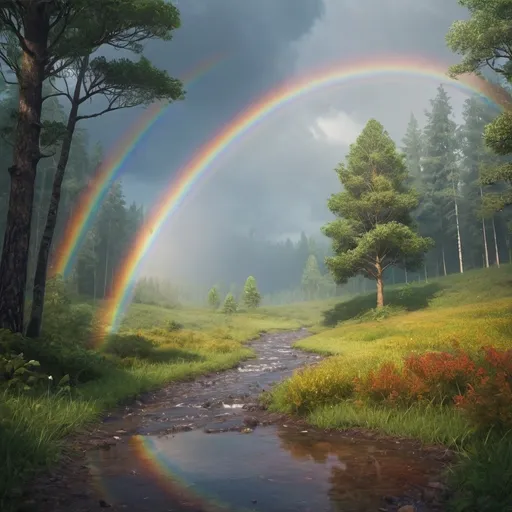 Prompt: create an image of a rainbow after a rainfall in the forest
