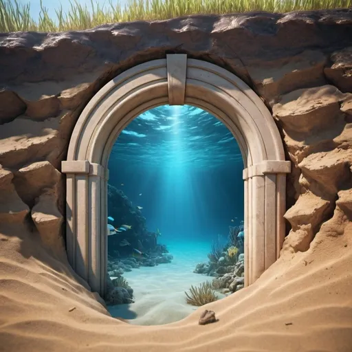 Prompt: Create a picture of a portal on dry land leading to underwater.