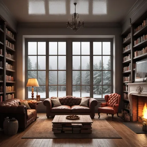 Prompt: create a image of a room with a giant window, a fireplace with a fire, rain on the window and a cup of hot coca by couches, chairs and bookshelfs.