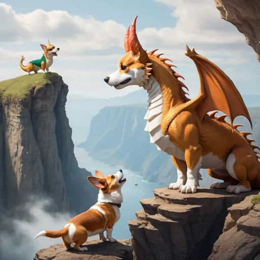 Prompt: Create an image of a dragon standing near the edge of a cliff with a corgi standing next to it staring up adoringly