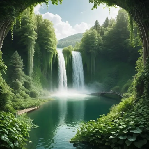 Prompt: create an image of a lake being fed by a waterfall surrounded by a forest filled with green vines