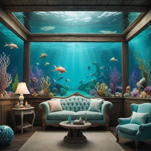 Prompt: Create a picture of an underwater living room for mermaids.