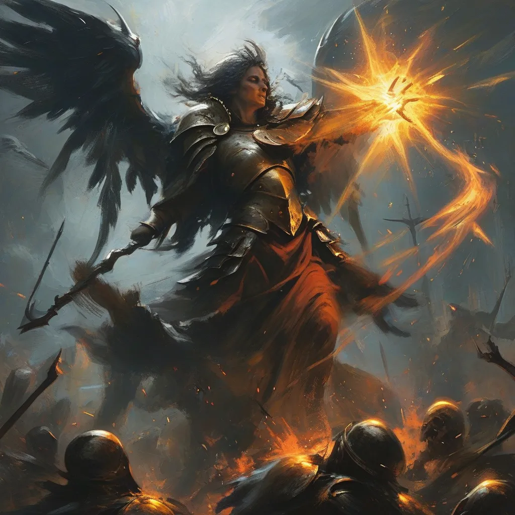 Prompt: een tovernaar in een gevecht tegen een leger die deze spreuk uitvoord: Ex caelo et inferno, surgite! Pugnam facite pro me, angelus et daemonium
