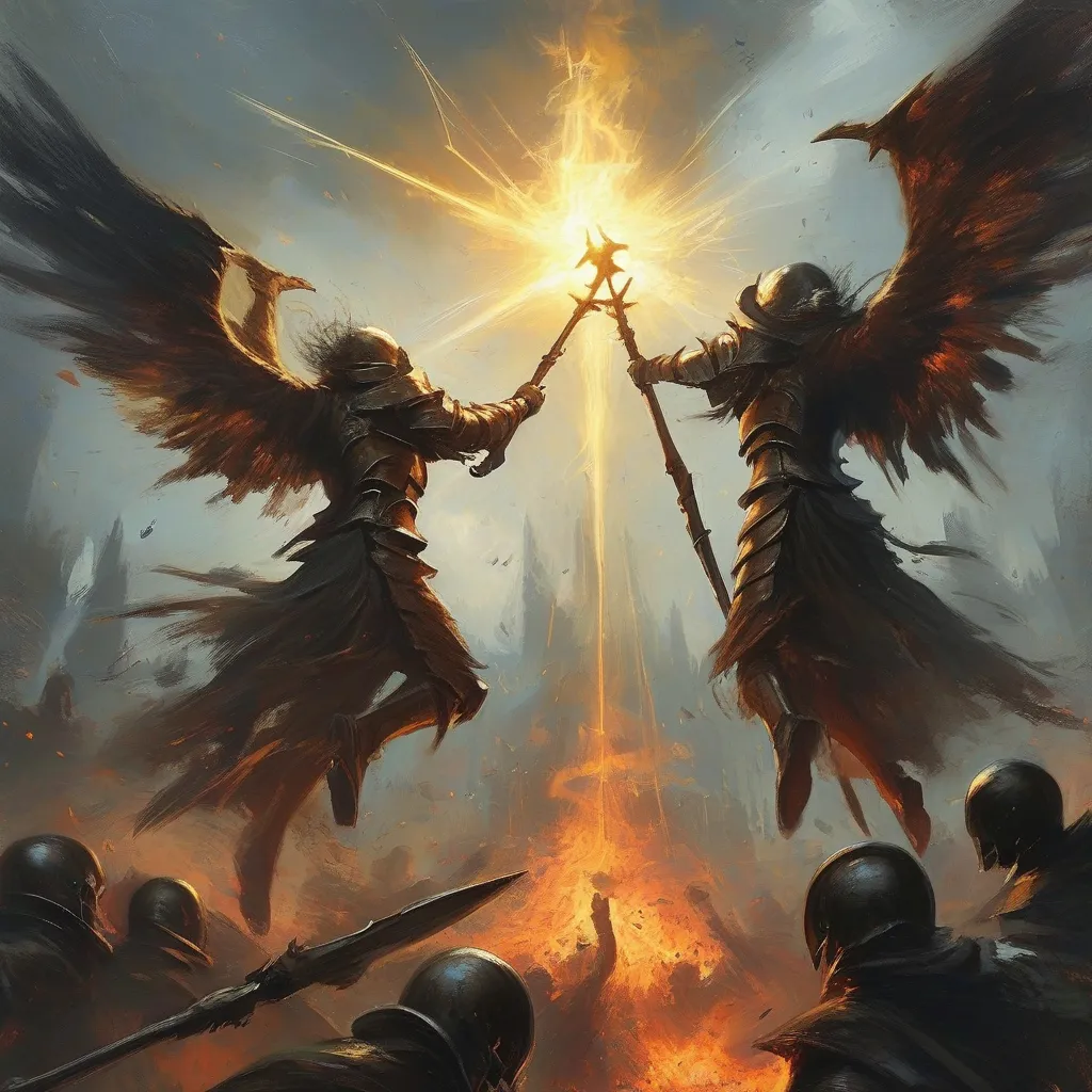 Prompt: een tovernaar in een gevecht tegen een leger die deze spreuk uitvoord: Ex caelo et inferno, surgite! Pugnam facite pro me, angelus et daemonium
