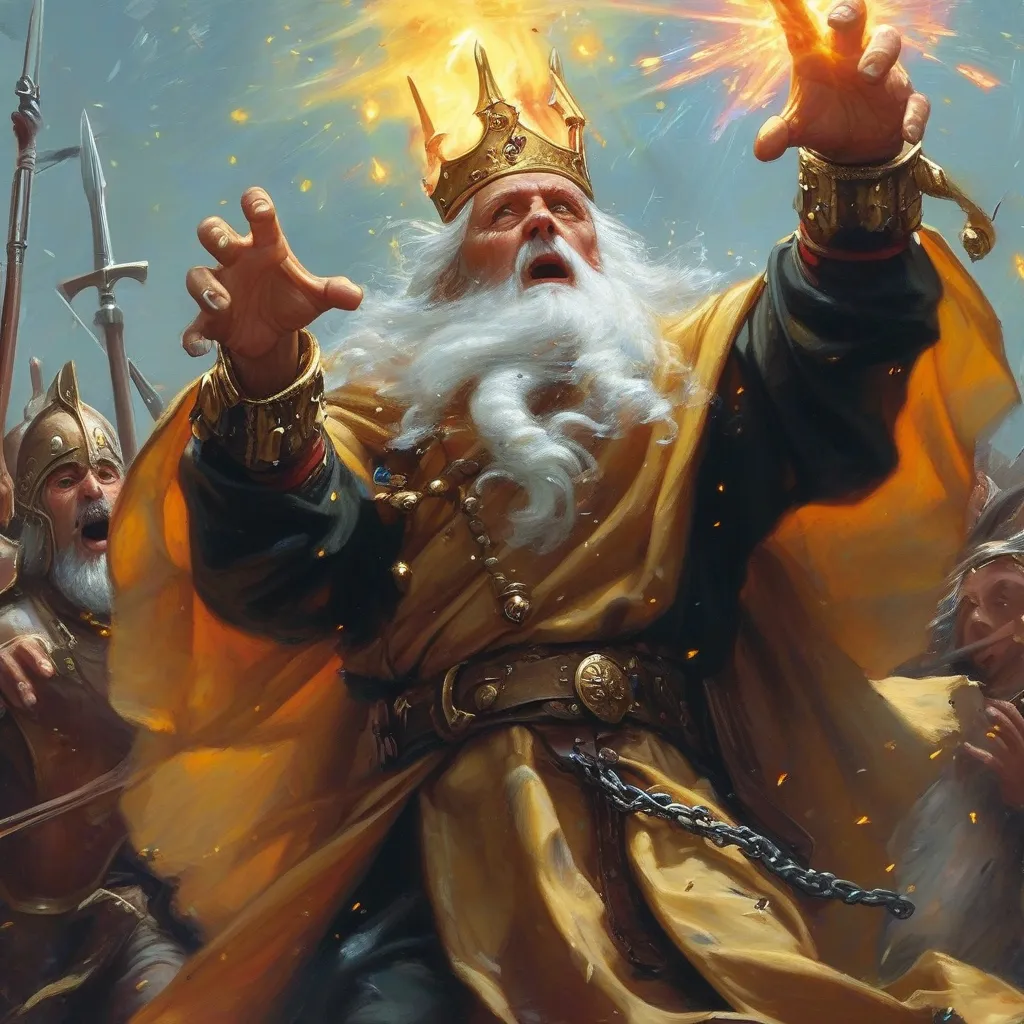Prompt: een tovernaar in een gevecht tegen een leger die deze spreuk uitvoord: Deus, inclina caput tuum. In vinculis meis servies aeternum
