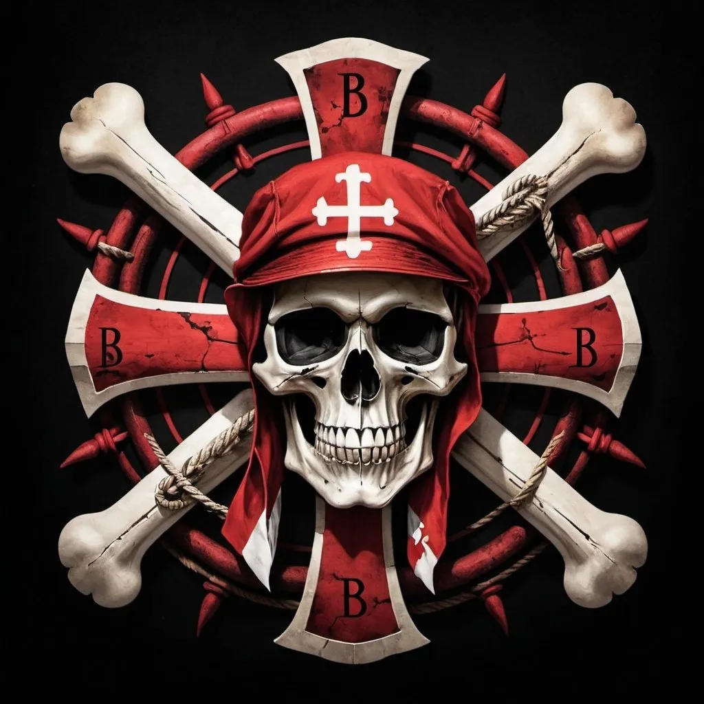 Prompt: nautical theme, black backdrop, Nautical star fading into a cross anchor,  dim lit red skull and cross bones in background, the letter B on the skull
