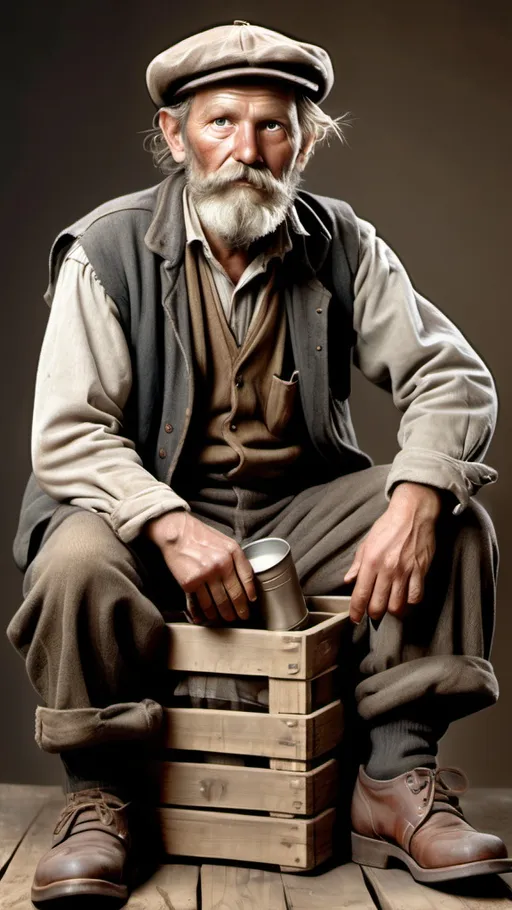 Prompt: Full body 1930s era hobo sitting on a small empty wooden crate holding a tin cup, detailed clothing, realistic, natural lighting and no background.