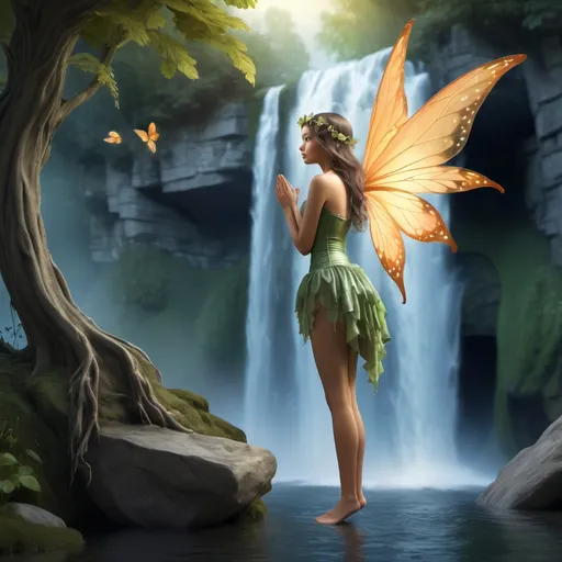Prompt: A full body beautiful young female fairy watching a waterfall. Entire body must show in image.