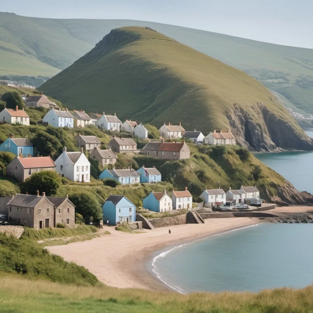 Prompt: A small village by the sea and some hills with 1960s style of buildings and no signs of industrial revolution nearby