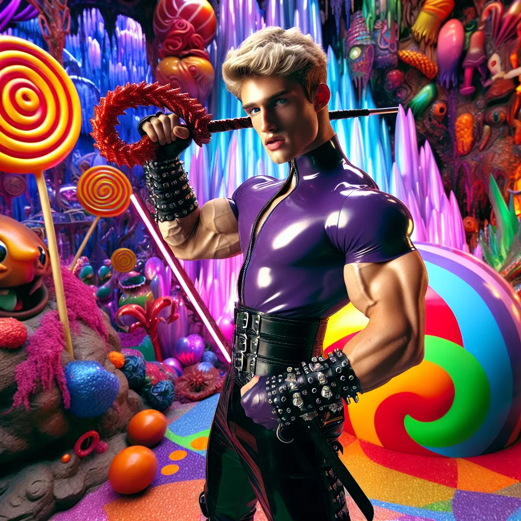 Prompt: Strong muscular male teenager wearing purple willy wonka theme latex outfit, wearing large black boots, blonde hair, bright willy wonka theme factory background, holding a red whip