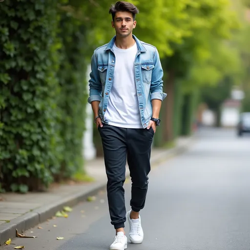 Prompt: A casually stylish young man strolls along a neatly paved street, exuding a laid-back confidence. He sports a light blue denim jacket over a crisp white t-shirt, paired with dark, tapered trousers that provide a modern silhouette. His feet are clad in trendy white sneakers, while a watch peeks out from his wrist, adding a touch of sophistication. The vibrant greenery in the background contrasts subtly with the neutral tones of his outfit, creating a fresh urban aesthetic. The scene, likely captured in daylight, conveys a sense of both casual ease and contemporary fashion.