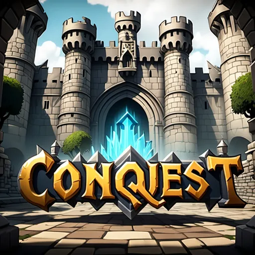 Prompt: A video game splash art screen with the word conquest in bold letters. Background should be a castle court yard theme with two groups going into combat with some fantasy elements