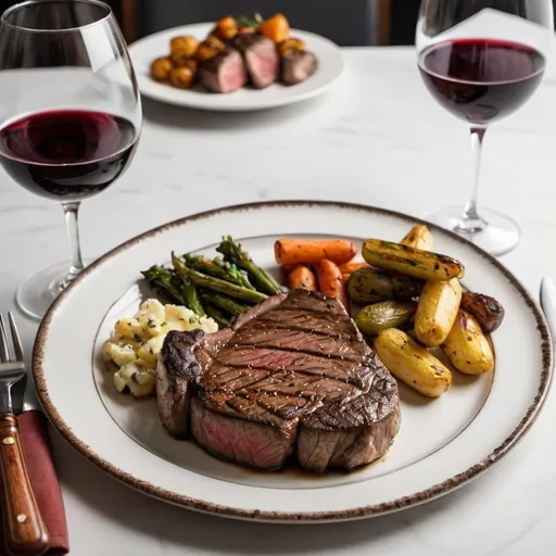 Prompt: A dinner plate with a steak and sides and a glass of wine on the side.