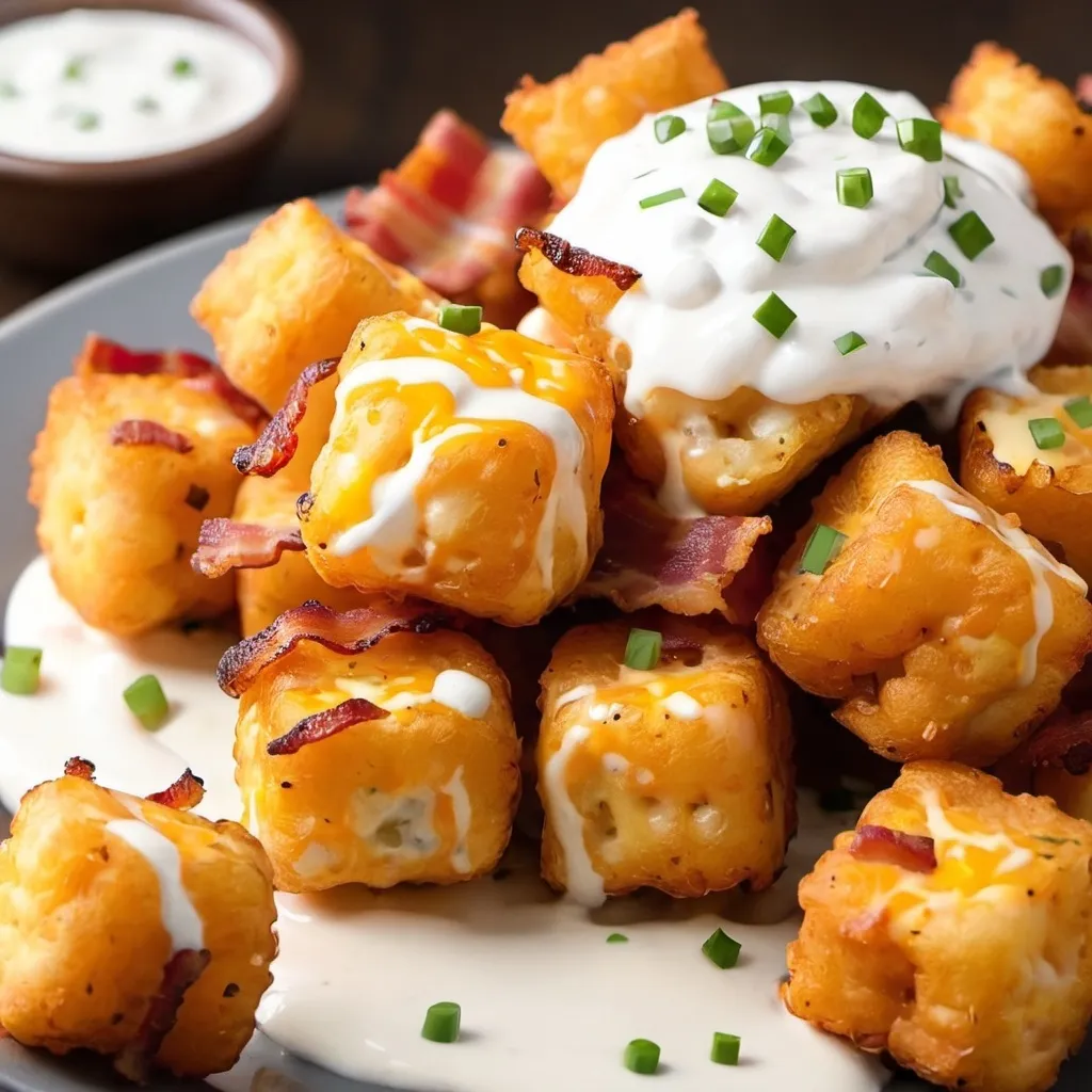 Prompt: Loaded tater tots, melted cheddar cheese, bacon bits, sour cream and chives.