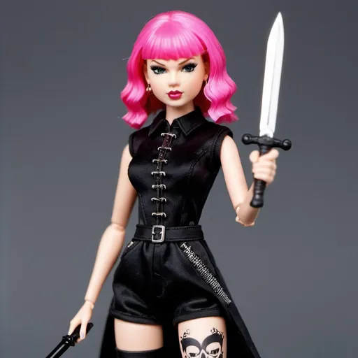 Prompt: Taylor Swift doll with pink hair in a goth one piece outfit holding a dagger
