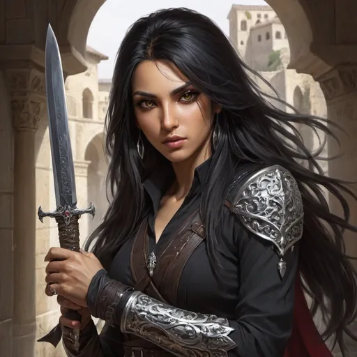 Prompt: Assassin, black hair, silver eyes, fantasy, dagger, long hair, olive skin
