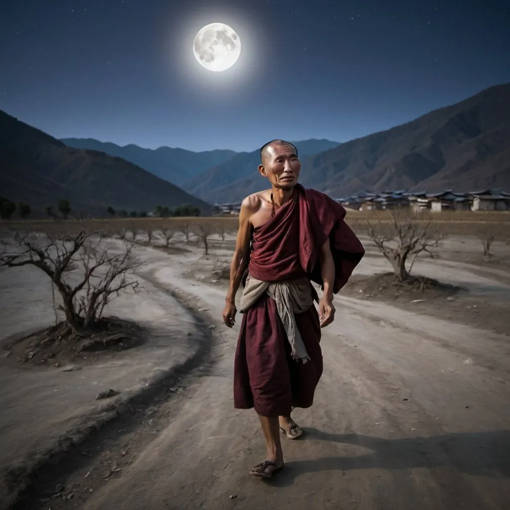 Prompt: A Bhutanese men holding back tears and walking in the barren land with a moonlight guiding him a way towards 