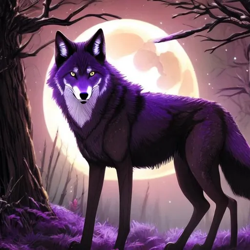 Prompt: A red wolf with purple eyes in the woods with a crescent moon 
