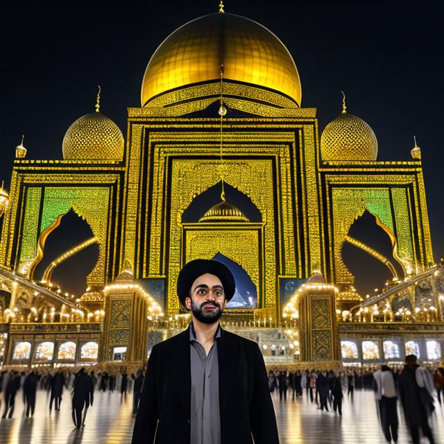 Prompt: Photo of Gad Puri in front of Imam Reza shrine, digital art, evening atmosphere, warm lighting, realistic details, professional, high quality, Mashhad cityscape, traditional clothing, respectful demeanor, detailed facial features, iconic architecture, illuminated shrine, golden hour lighting