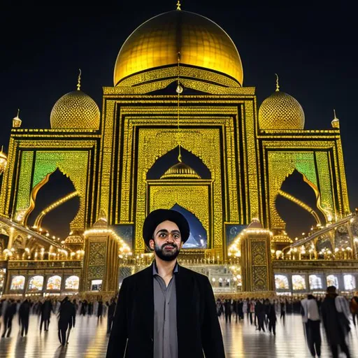 Prompt: Photo of Gad Puri in front of Imam Reza shrine, digital art, evening atmosphere, warm lighting, realistic details, professional, high quality, Mashhad cityscape, traditional clothing, respectful demeanor, detailed facial features, iconic architecture, illuminated shrine, golden hour lighting