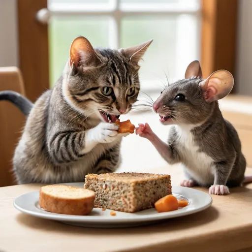 Prompt: A happy cat and mouse eating together