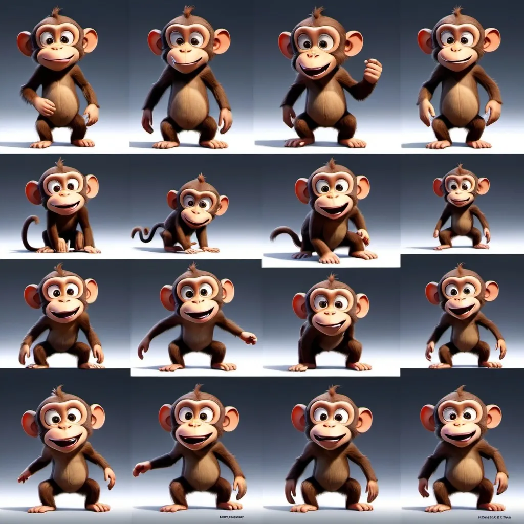 Prompt: character art of a pixar monkey in different poses including sitting sadly, walking, running and laughing