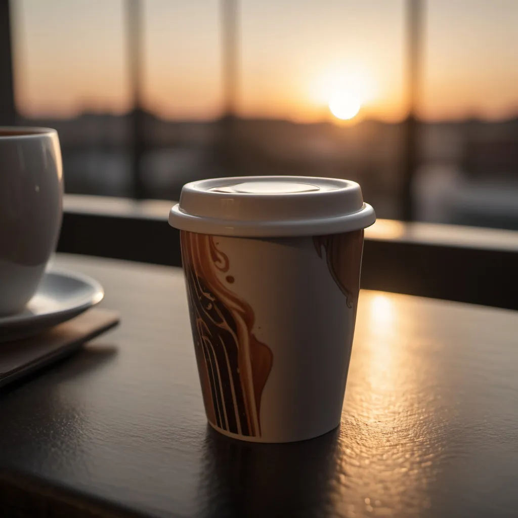 Prompt: Coffe cup,8k,hyper realistic,detailed,sunset,sony,sony 50mm 1.5