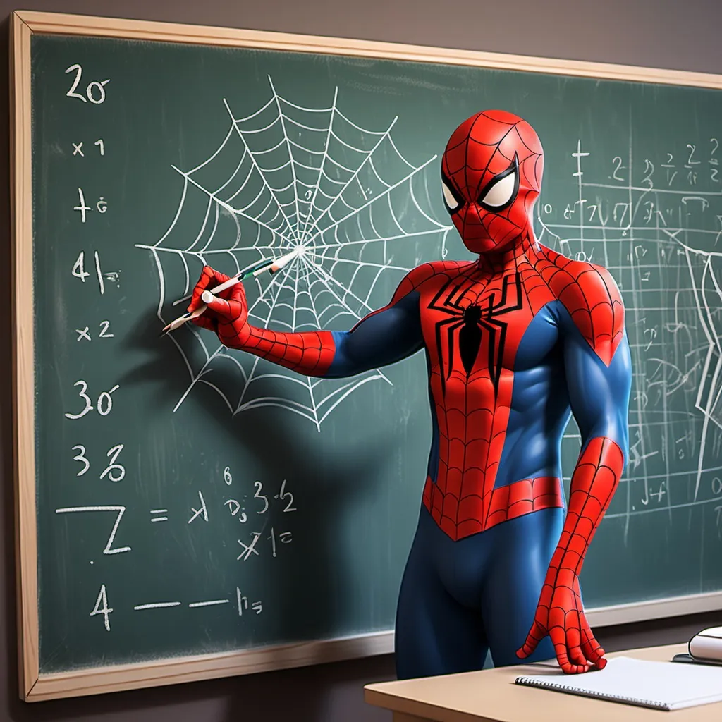 Prompt: A spiderman is writing on blackboard aabout mathematics coordinate system