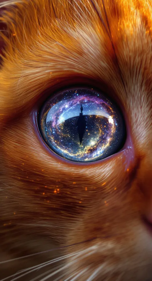 Prompt: Make a close up shot of an orange tabby eye, with the universe reflecting on it, make it dramatic, and shot like a professional dslr output full face, make the lighting like the unicerse lighting dramatic, make it hyper-detailed, hyper-realistic, epic realism, cinematic-style in 8k photorealistic image.