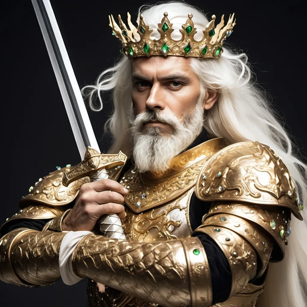 Prompt: A man holding two swords in both hands. He is wearing gold jeweled armor and a crown on his head. He has a bush white beard and long white hair