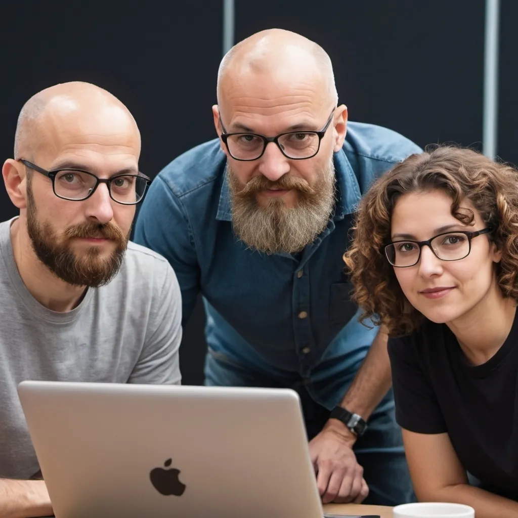 Prompt: generate a picture of 3 developers(male around age 50, male around 30 and female around 30) working in hackathon vibes.
the older man is bald with a little beard
the woman has brown curly hair
the younger man has a mustache