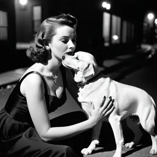 Prompt: dim, night film noir photography, 1950s, beautiful woman in the middle of St. Louis and she's petting a dog