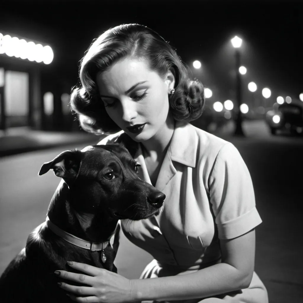 Prompt: dim, night film noir photography, 1950s, beautiful woman in the middle of St. Louis and she's petting a dog