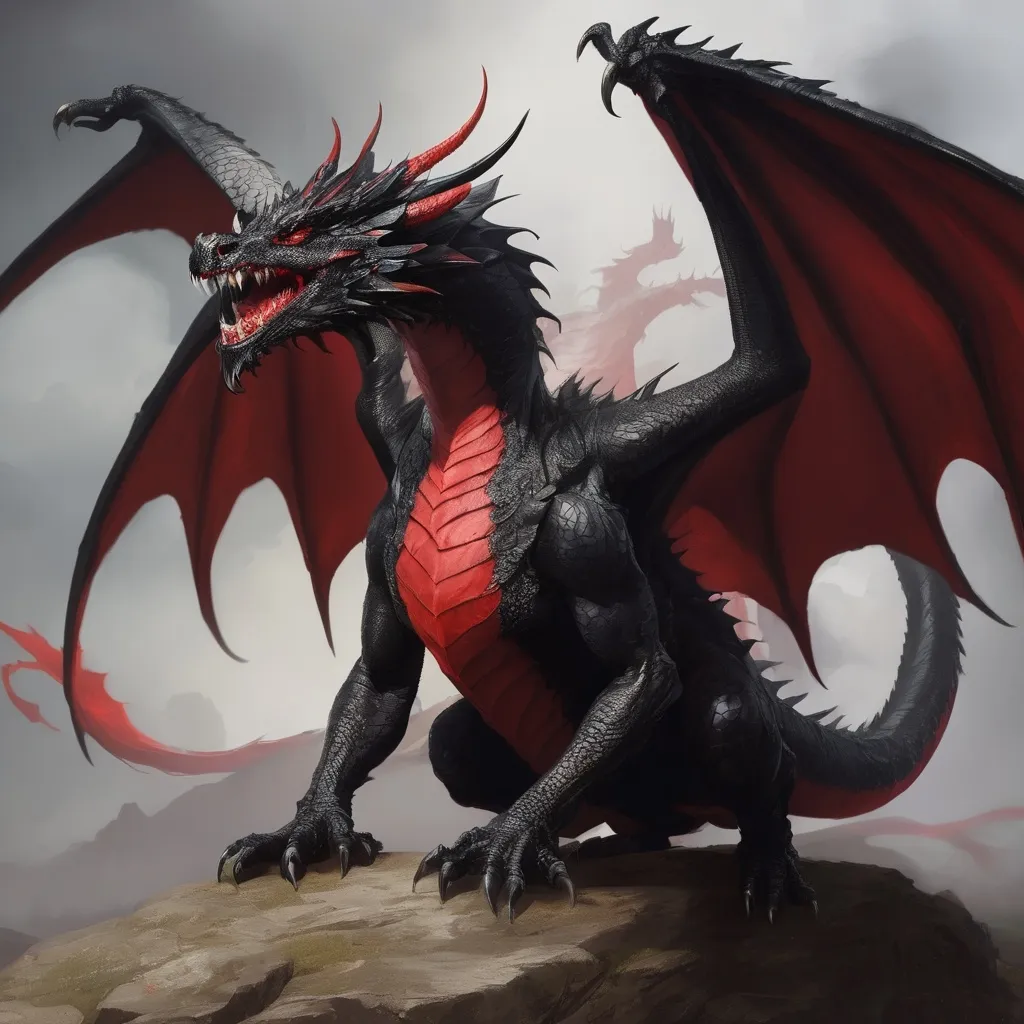 Prompt: Black dragon with wings in guarding position, head up, fearsome snarl, chest pulsing red