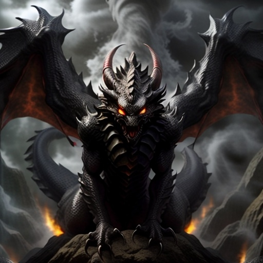 Prompt: Black dragon with wings in guarding position, head up, fearsome snarl, chest pulsing red