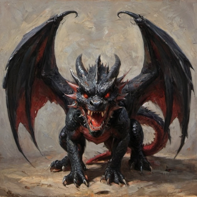 Prompt: Black dragon with wings in guarding position, head up, fearsome snarl, chest pulsing red