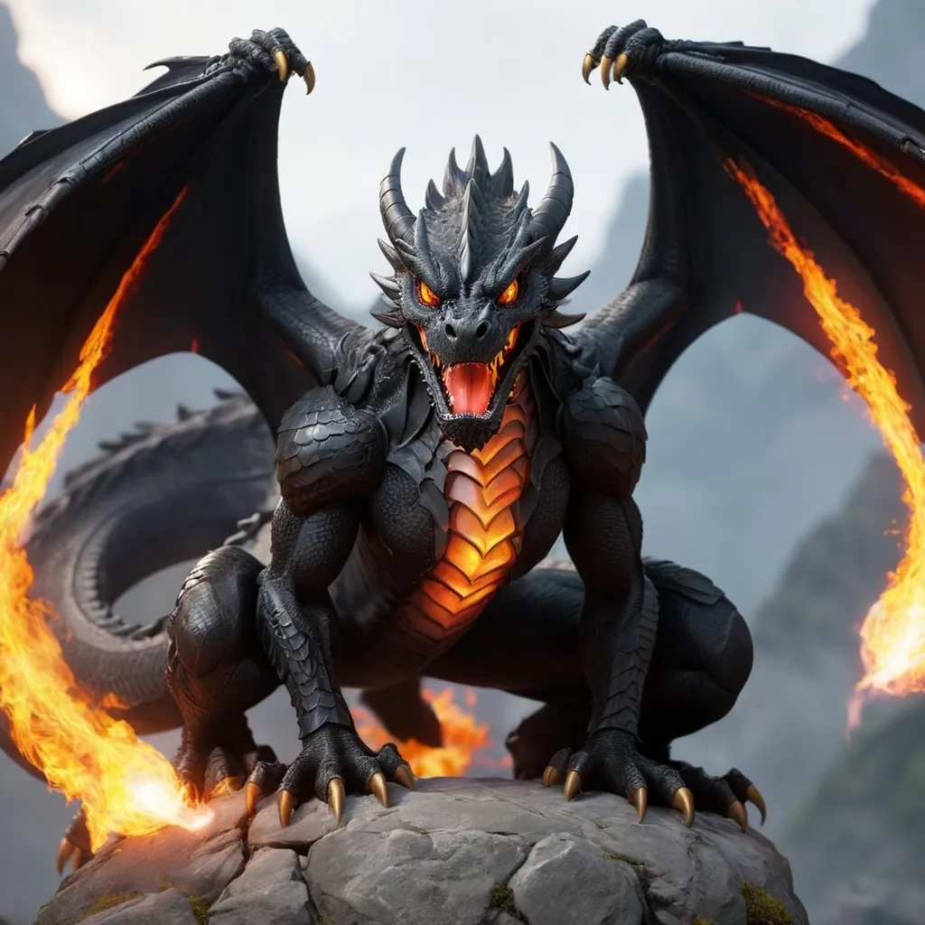 Prompt: black dragon with wings guarding, crouching, chest fire flare