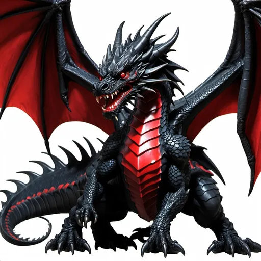 Prompt: Black dragon with wings in guarding position, head up, fearsome snarl, chest pulsing red