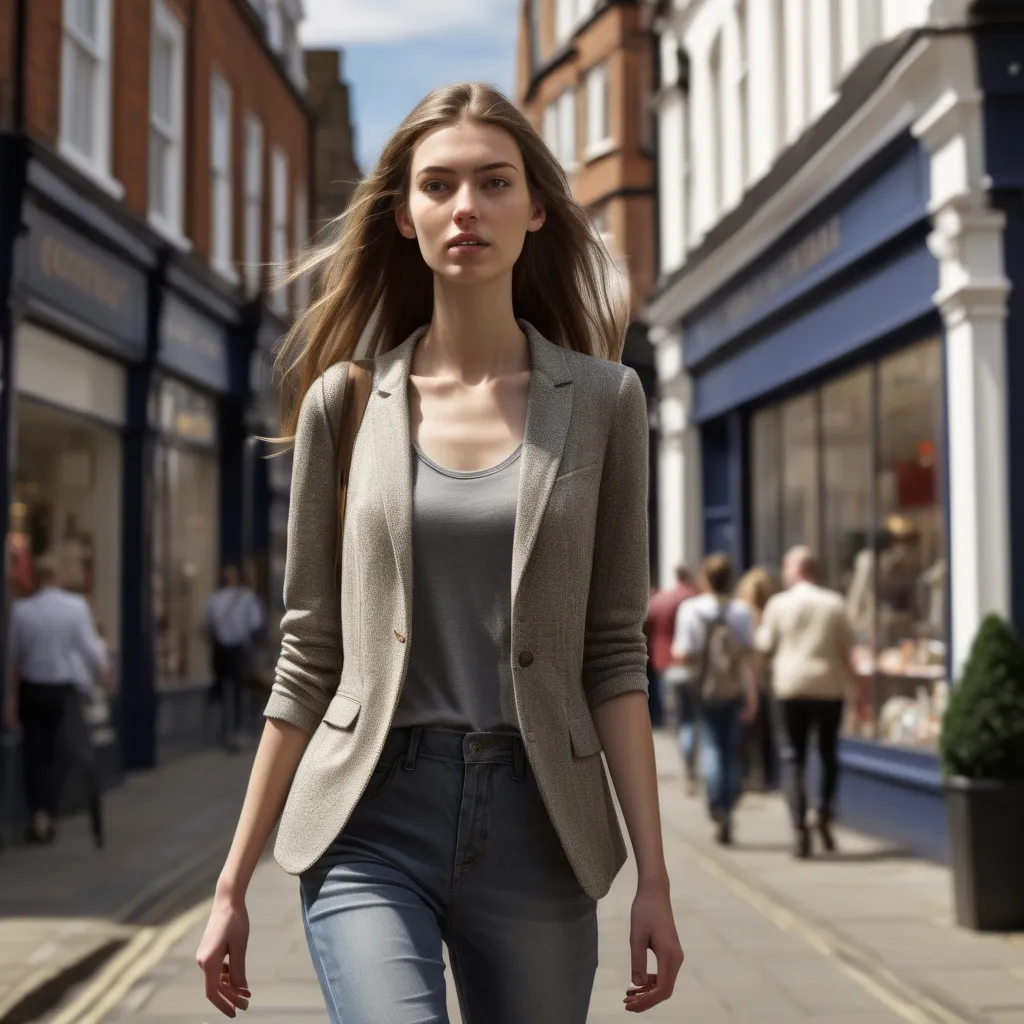 Prompt: Tall young woman walking down the high street, detailed clothing, realistic, natural lighting