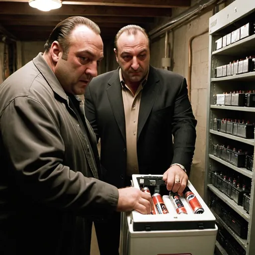 Prompt: Tony Soprano istalling a battery storage in his basement with Paulie

